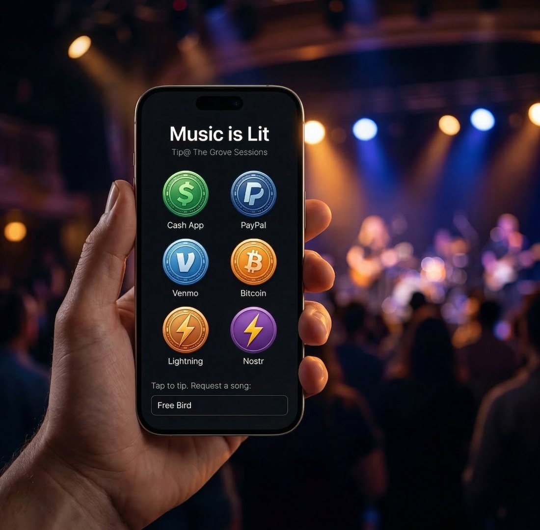 A fan holding their phone in a venue, showing a band's Music Lit tip page with every payment option as a coin
